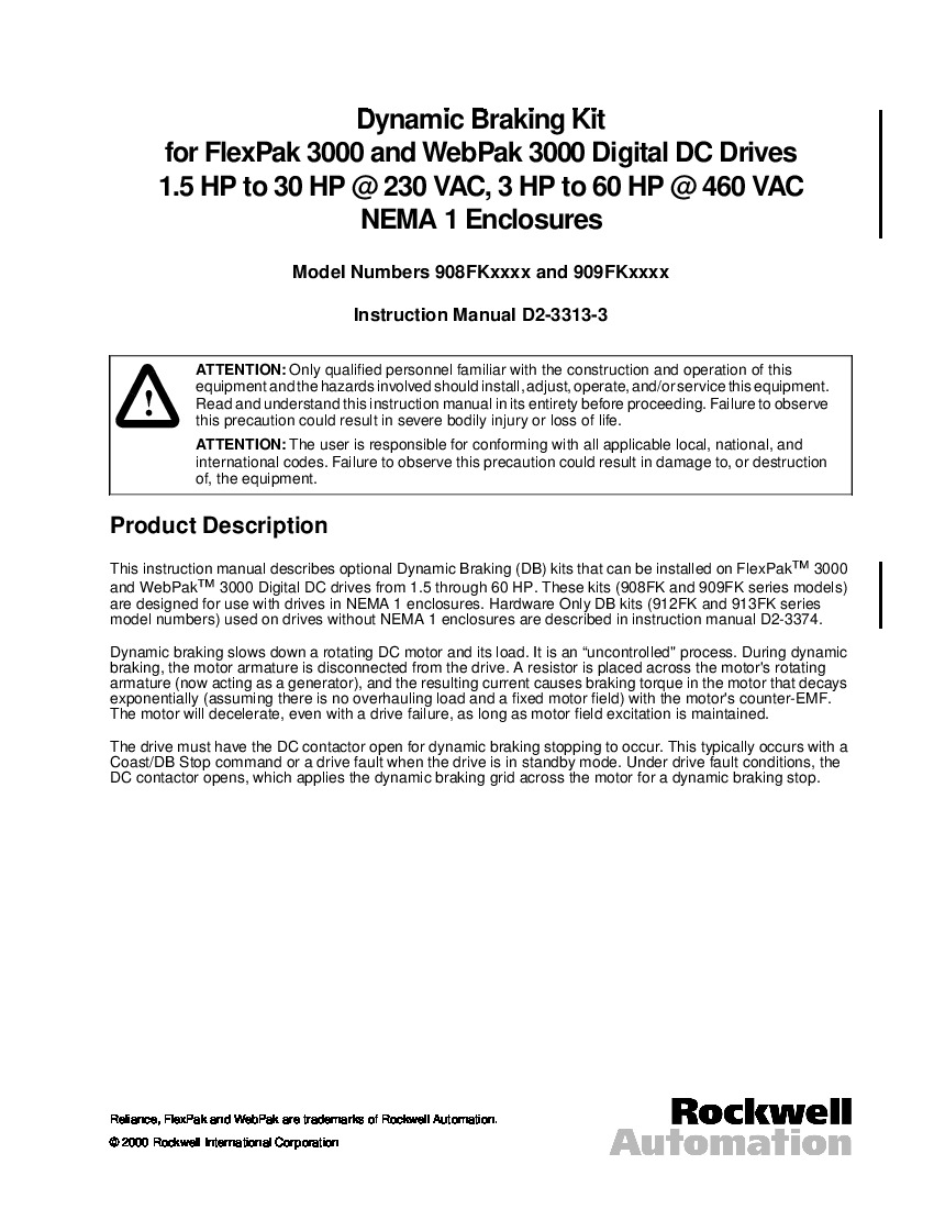 First Page Image of 908FK0051 Dynamic Braking Kit for FlexPak 3000 Line Instruction Manual D2-3313-3.pdf